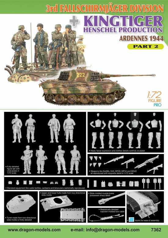 DRAGON 7362 1/72 WW II德國.陸軍1944年阿登戰役第3空降師傘兵帶亨舍爾砲塔'虎II'坦克part2