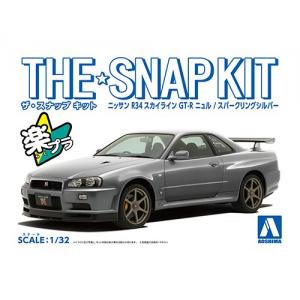 AOSHIMA 056325-11-E 1/32 日產 R34 Skyline GT-R/亮銀色/免黏合免塗裝,卡緊/SNAP系列